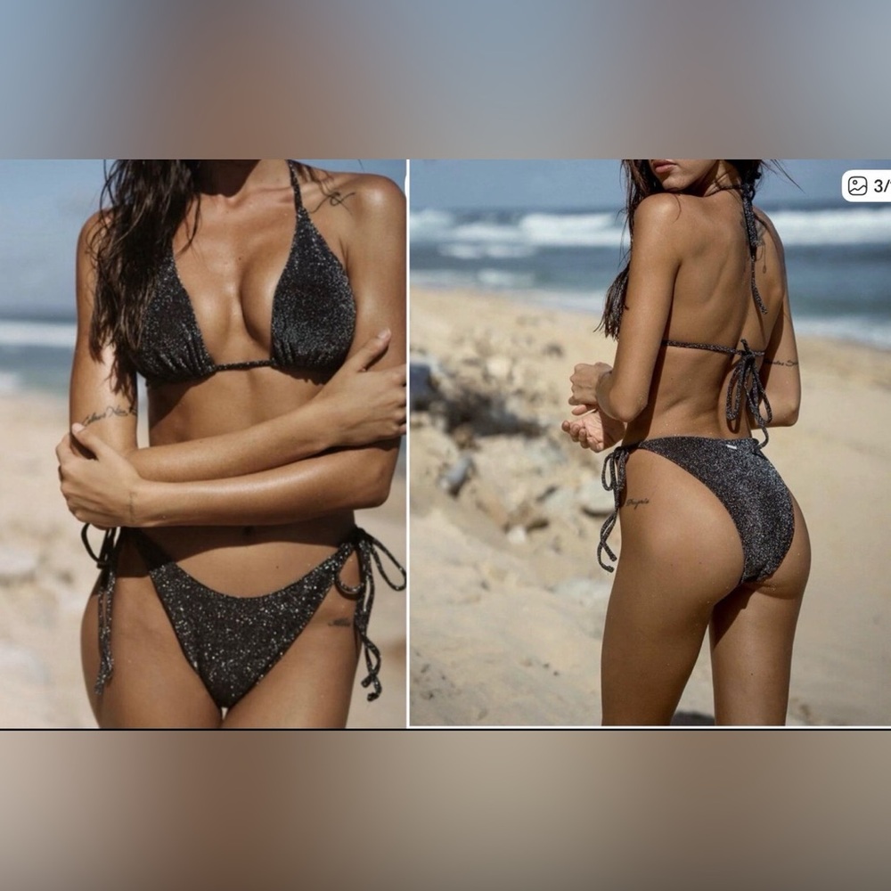 Berlook Black Shimmer Two Piece Swimsuit String Bikini Size XL NEW W Bag